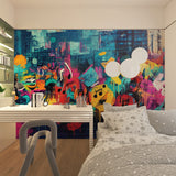 Street art wallpaper with musical notes creating energy in a gaming room setting