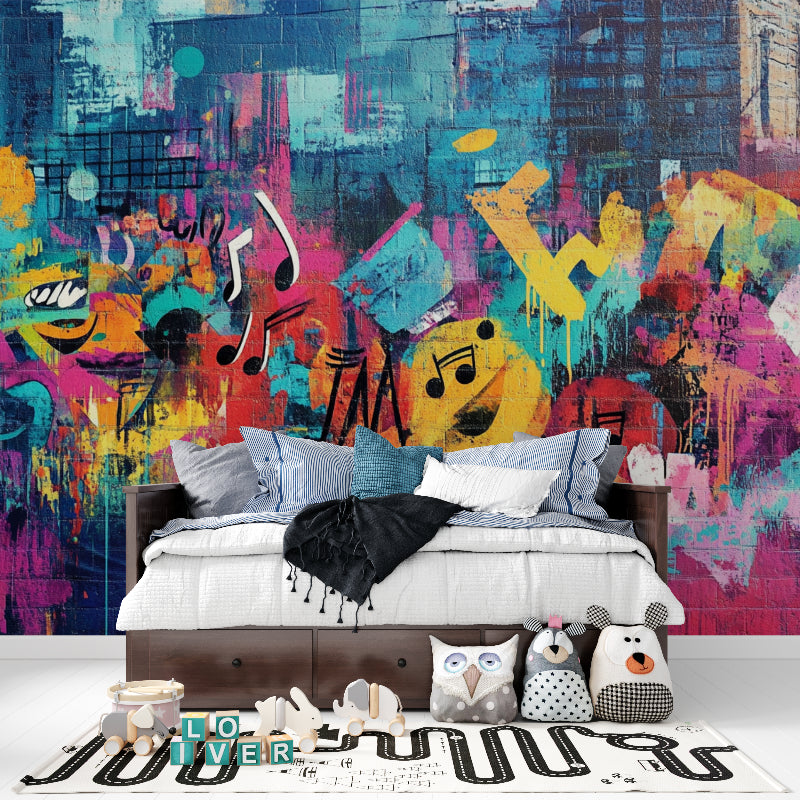Graffiti music wallpaper transforming a home office with urban art style