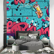 Street art wallpaper in modern teen bedroom showing graffiti and vintage cars