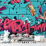 Urban graffiti mural creating focal point in industrial style living room
