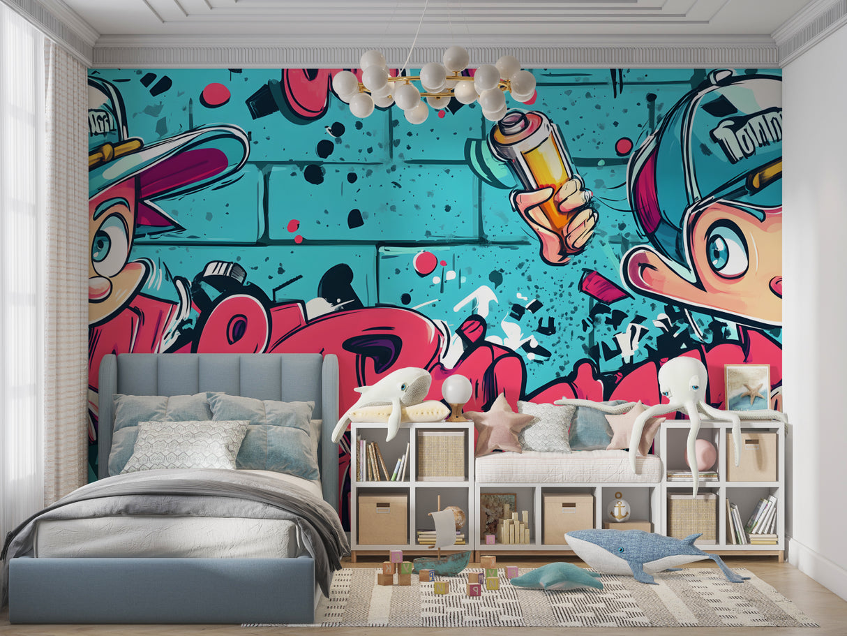 Street style wallpaper transforming home office with vintage car theme