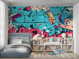 Street style wallpaper transforming home office with vintage car theme