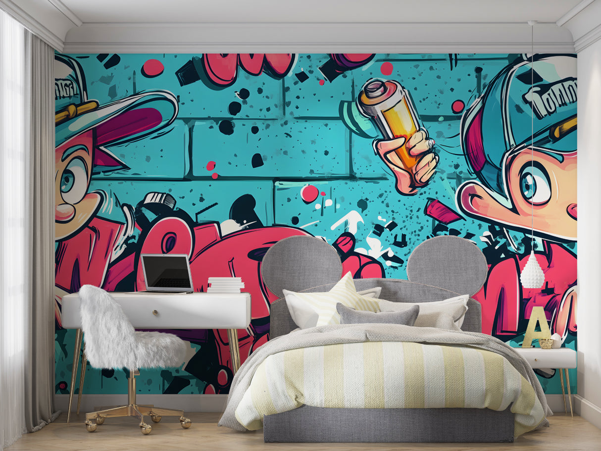 Urban art wallpaper installation in modern loft apartment