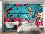 Urban art wallpaper installation in modern loft apartment