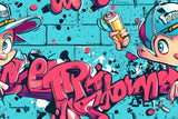 Street art wallpaper design file showing full graffiti pattern with classic cars