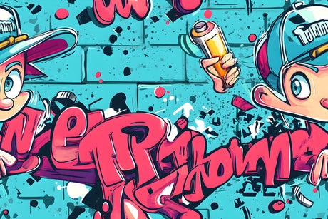 Street art wallpaper design file showing full graffiti pattern with classic cars