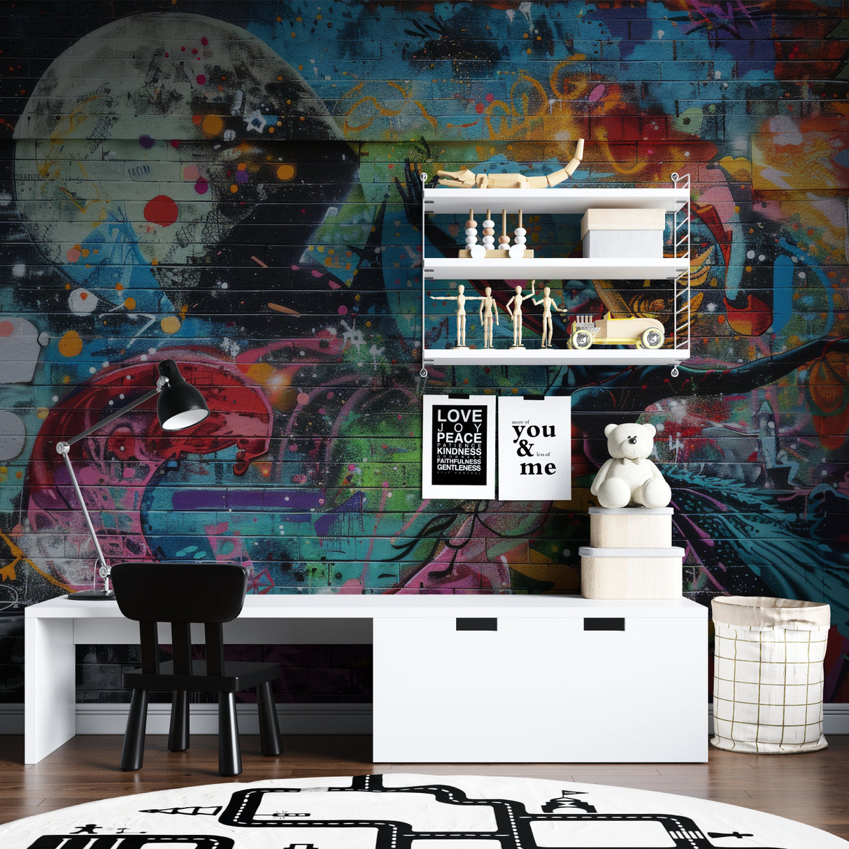 Street art graffiti wallpaper bringing urban style to a modern living room with grey sofa and industrial lighting