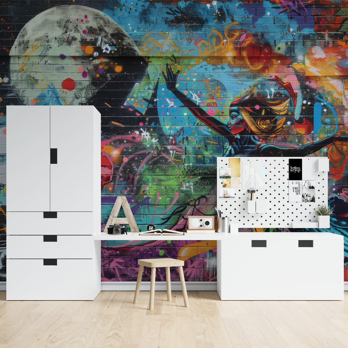 Street art mural making a statement in a contemporary office breakout area