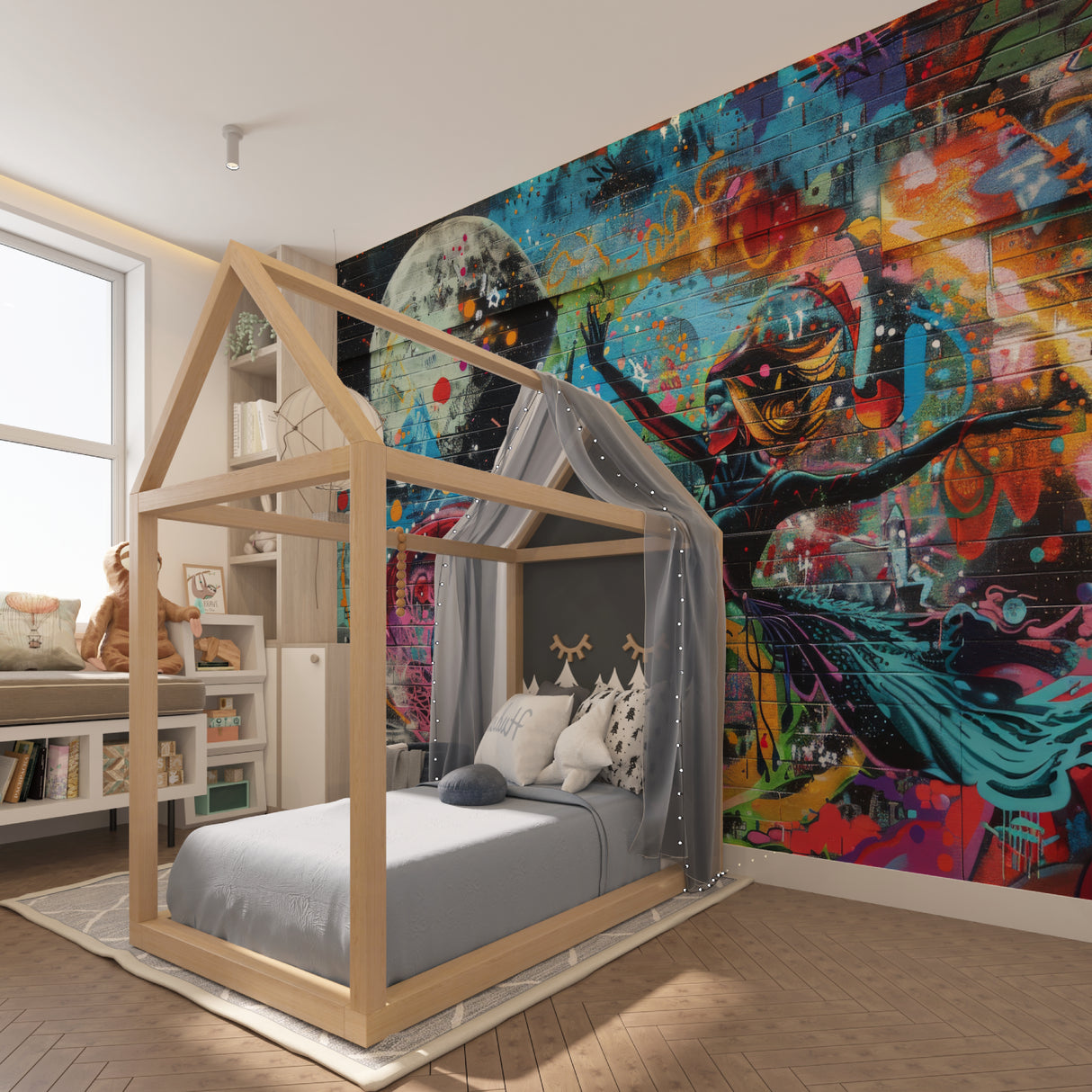 Graffiti wallpaper adding personality to a gaming room with neon accents