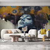 Street art mural wallpaper creating dramatic impact in a modern living room with minimalist furniture and ambient lighting