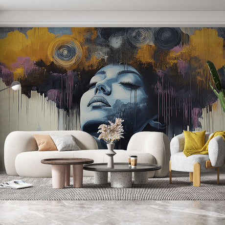 Street art mural wallpaper creating dramatic impact in a modern living room with minimalist furniture and ambient lighting
