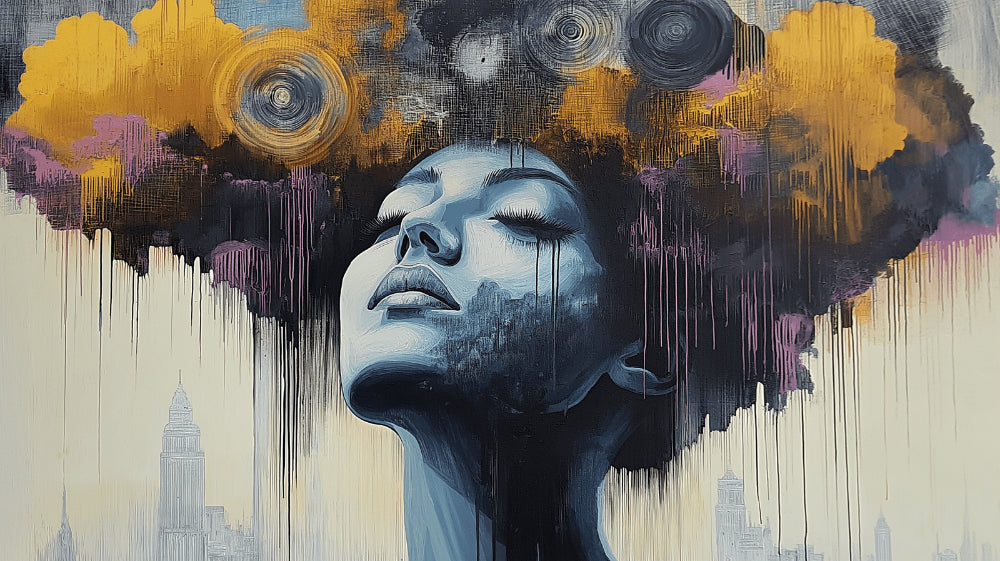 Street art portrait wallpaper design file showing detailed golden clouds and urban elements