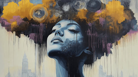 Street art portrait wallpaper design file showing detailed golden clouds and urban elements