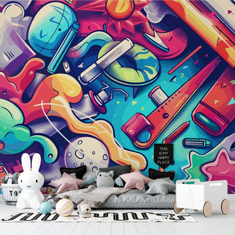 Street art graffiti wallpaper showcased in modern living room with gray sofa and plant accents