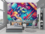 Urban graffiti wall mural bringing life to teen bedroom with desk setup
