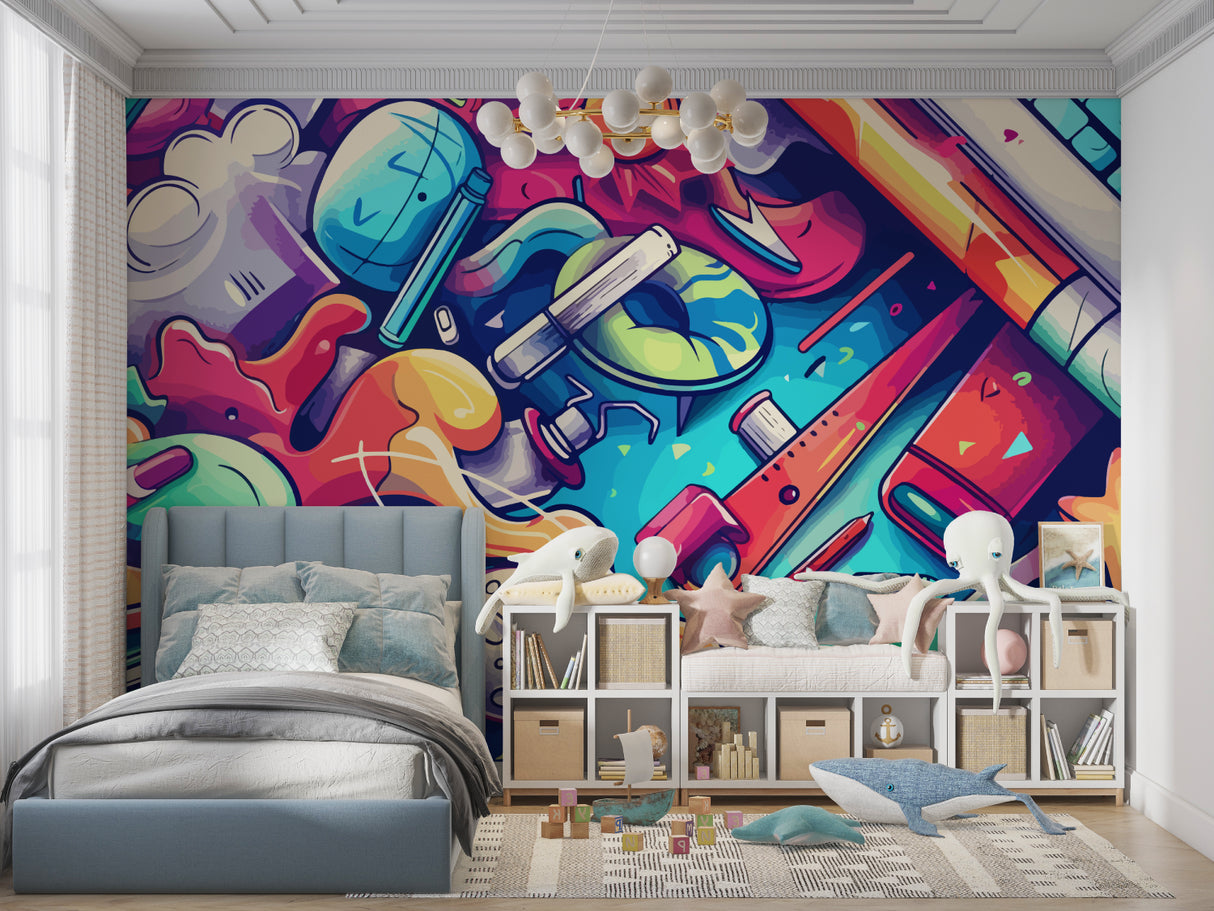 Abstract street art wallpaper featured in creative office space with minimalist furniture