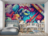 Abstract street art wallpaper featured in creative office space with minimalist furniture