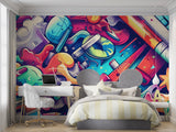 Graffiti wall design brightening up modern dining area with pendant lights