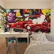 Street art wallpaper with vintage car in modern living room creating urban atmosphere