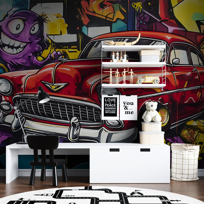Graffiti wall mural with classic car in teen bedroom showing scale