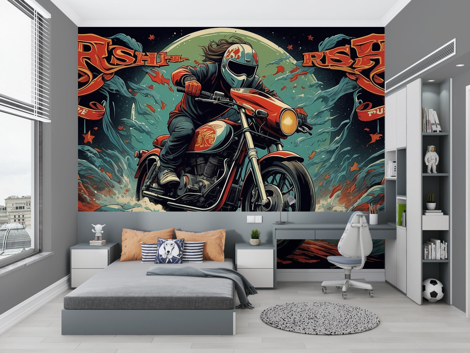Street art motorcycle wallpaper bringing urban edge to a modern living room with orange and teal accents
