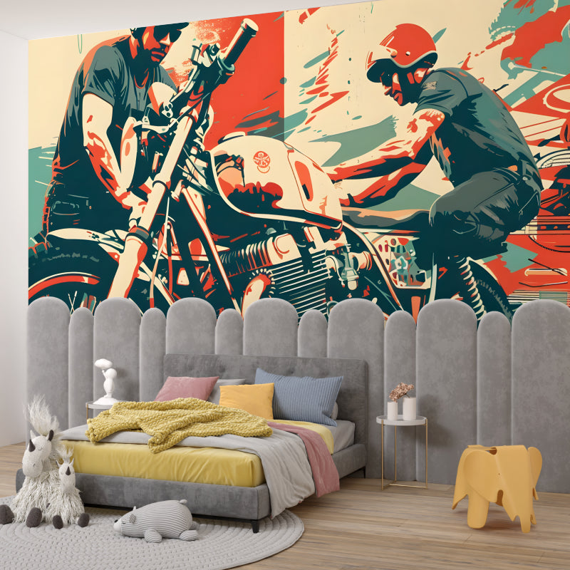 Street art motorcycle wallpaper in modern loft living room with industrial decor and large windows