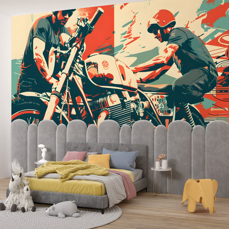 Street art motorcycle wallpaper in modern loft living room with industrial decor and large windows