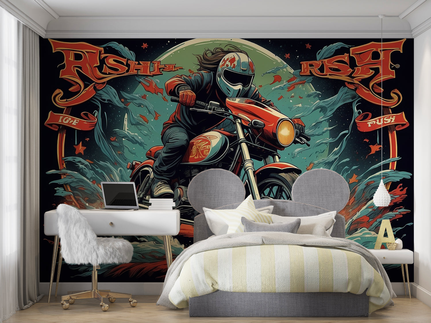 Vintage motorcycle mural wallpaper creating bold impact in an industrial-style bedroom