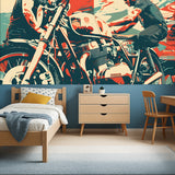Urban motorcycle wall mural in teen bedroom showing street art style and vibrant colors