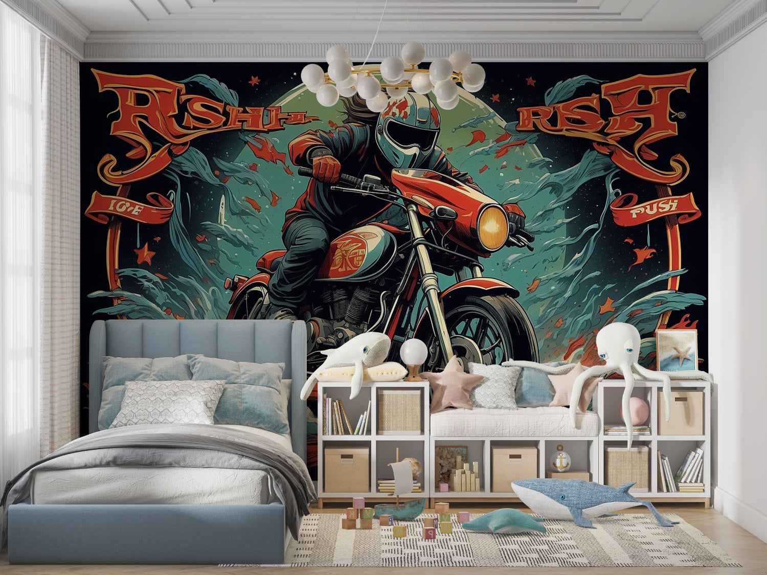 Street art wallpaper showcasing dynamic motorcycle design in a teen gaming room