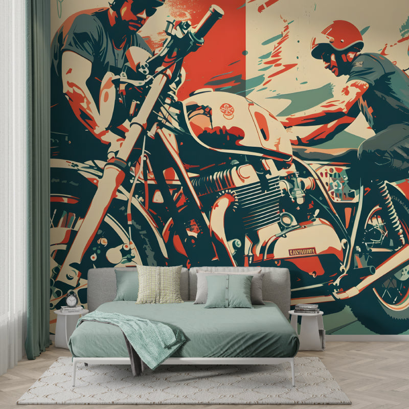 Street art wallpaper featuring motorcycle in home office with minimalist furniture