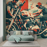 Street art wallpaper featuring motorcycle in home office with minimalist furniture