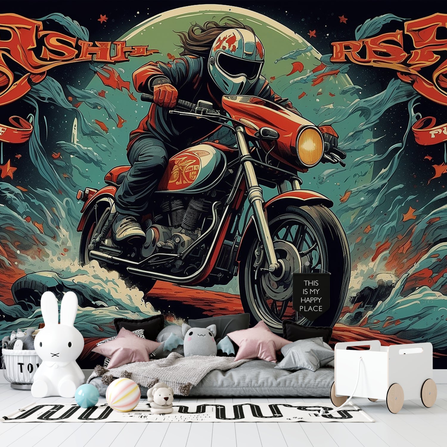 Urban motorcycle wall mural adding street style to a contemporary home office