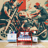 Vintage motorcycle mural wallpaper displayed in garage lounge area with modern touches