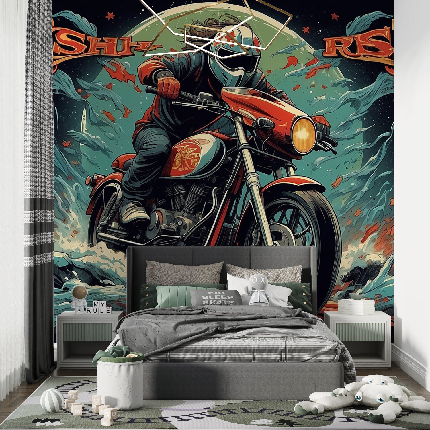 Graffiti motorcycle wallpaper transforming a modern entertainment space