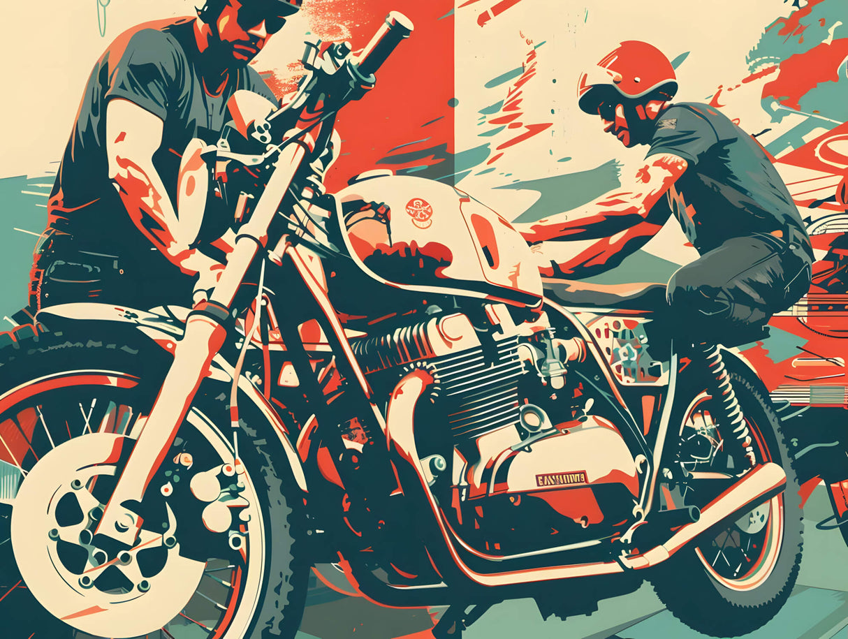 Design file showing full street art motorcycle pattern with teal and coral color scheme