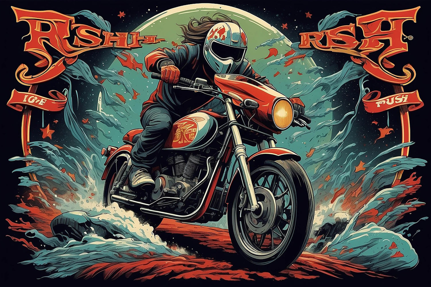 Street art motorcycle design file showing detailed graffiti pattern and vintage elements