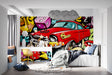 Street art wallpaper with vintage red car bringing urban style to a modern living room