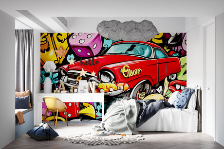 Street art wallpaper with vintage red car bringing urban style to a modern living room