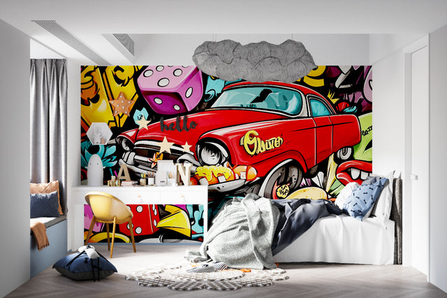 Street art wallpaper with vintage red car bringing urban style to a modern living room