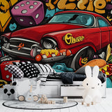 Graffiti car wallpaper creating bold atmosphere in a teen bedroom