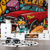 Urban street art mural transforming a gaming room with vintage car design