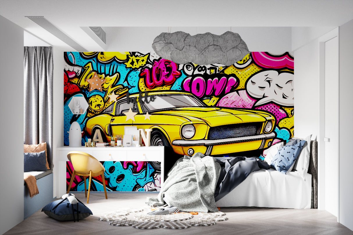 Street style wallpaper showcased in home office space, bringing creative energy
