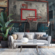 Urban basketball court wallpaper creating a bold statement in a modern teen bedroom with ambient lighting
