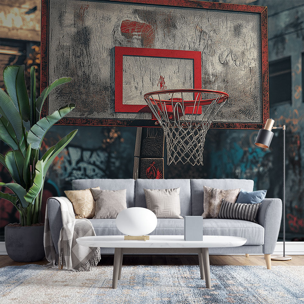 Urban basketball court wallpaper creating a bold statement in a modern teen bedroom with ambient lighting