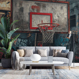 Urban basketball court wallpaper creating a bold statement in a modern teen bedroom with ambient lighting
