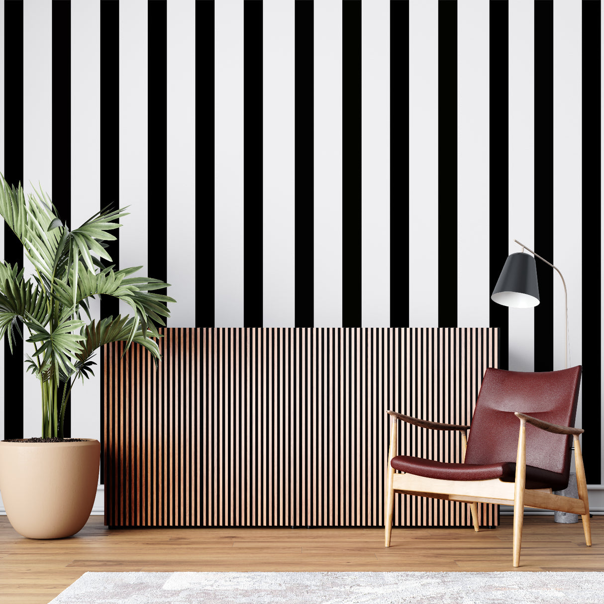 Black and white striped wallpaper creating height in modern living room with gray sofa