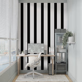 Contemporary hallway featuring dramatic black and white stripe pattern