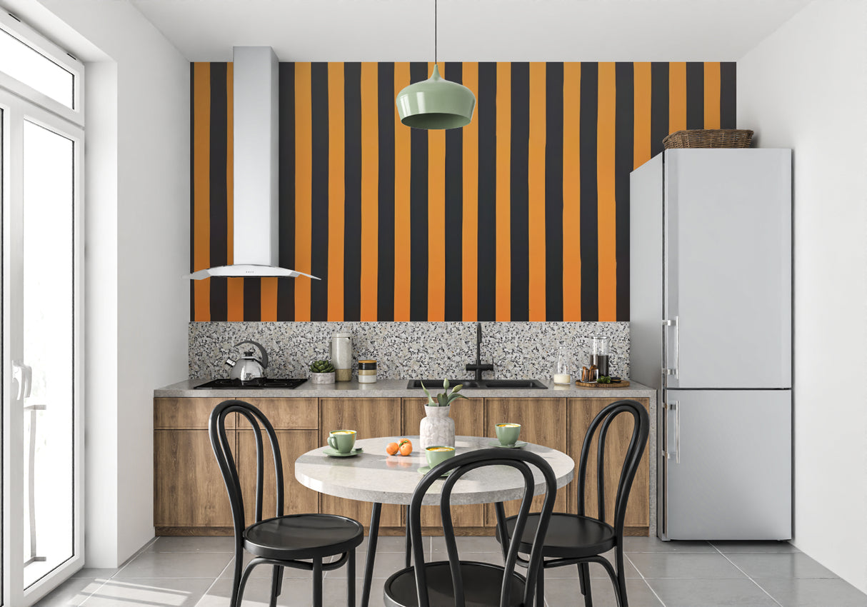 Vertical striped wall mural creating height in a contemporary dining space