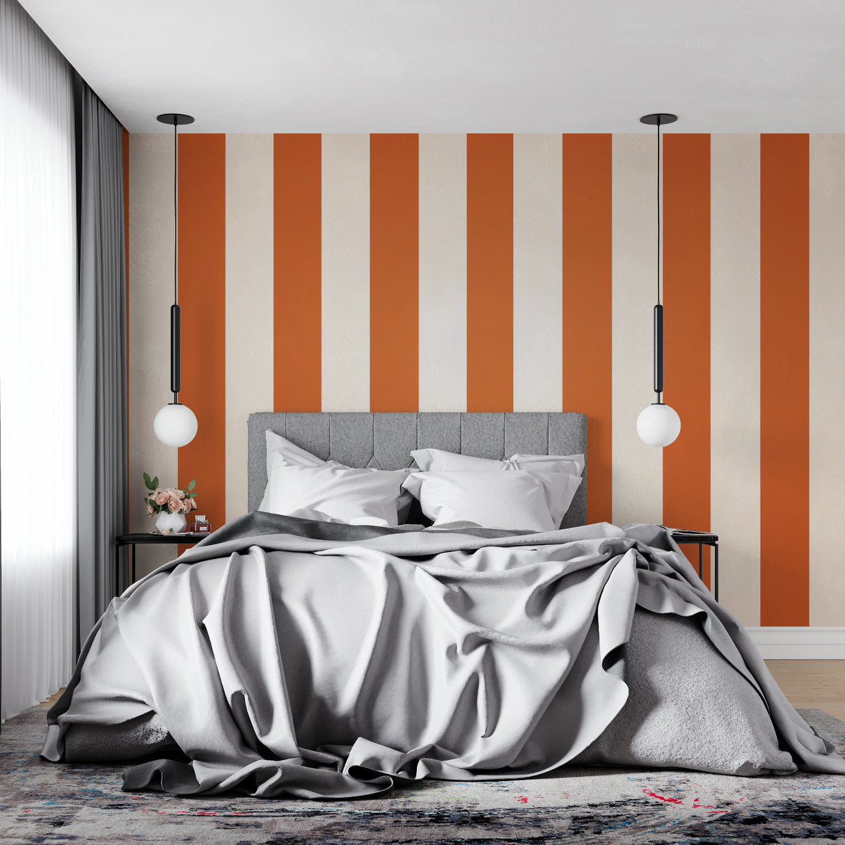 Home office featuring vertical orange stripes wallpaper making the ceiling appear higher